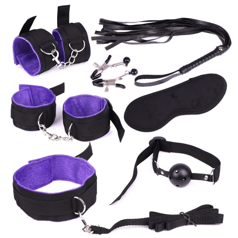 set bondage bdsm de 7 piezas – esposas, látigo, antifaz y más