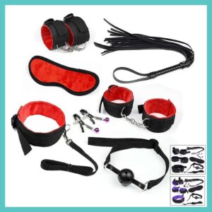 set bondage bdsm de 7 piezas – esposas, látigo, antifaz y más