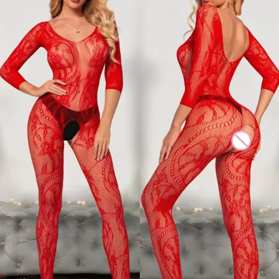 body enterizo rojo transparente con encaje y aberturas – talla estándar