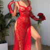 camisón de malla sexy transparente con corazón rojo y encaje – tallas l y xl