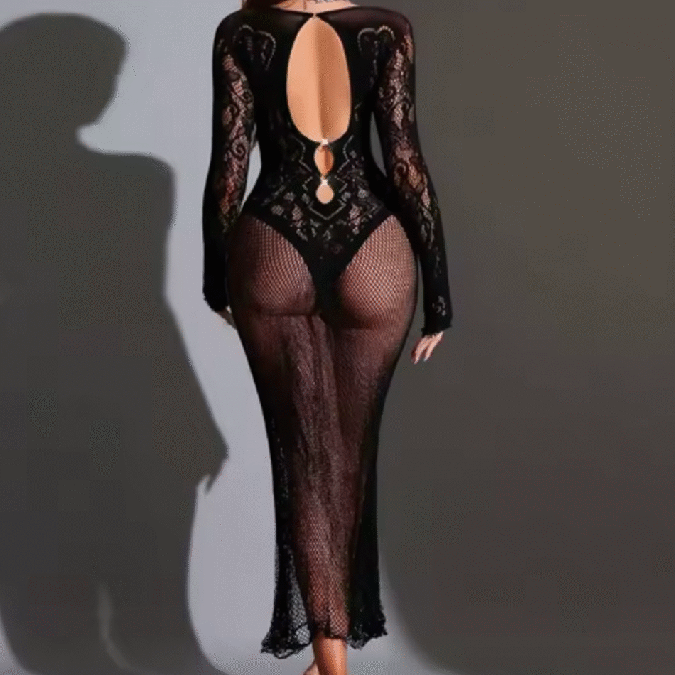 vestido largo de encaje y malla transparente con aberturas sexy – tallas l y xl