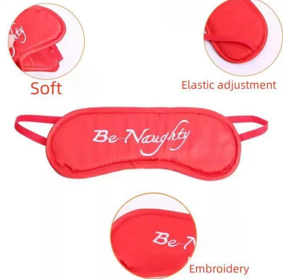 kit bondage 4 pzas esposas, latigo, antifaz y pluma color rojo negro rosado