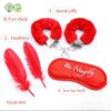 kit bondage 4 pzas esposas, latigo, antifaz y pluma color rojo negro rosado