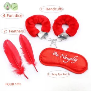 kit bondage 4 pzas esposas, latigo, antifaz y pluma color rojo negro rosado