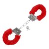 kit bondage 4 pzas esposas, latigo, antifaz y pluma color rojo negro rosado