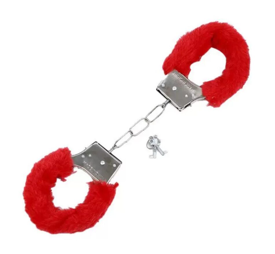 kit bondage 4 pzas esposas, latigo, antifaz y pluma color rojo negro rosado