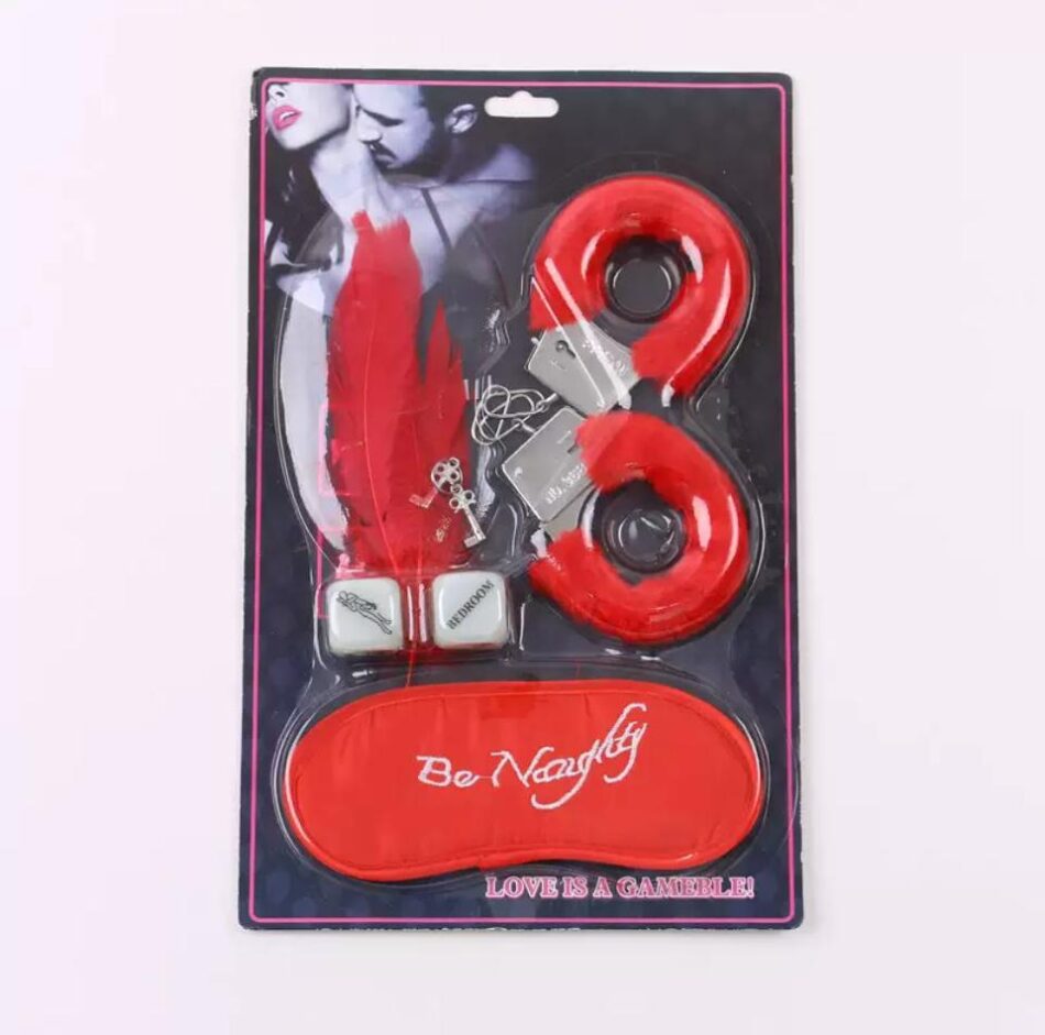 kit bondage 4 pzas esposas, latigo, antifaz y pluma color rojo negro rosado