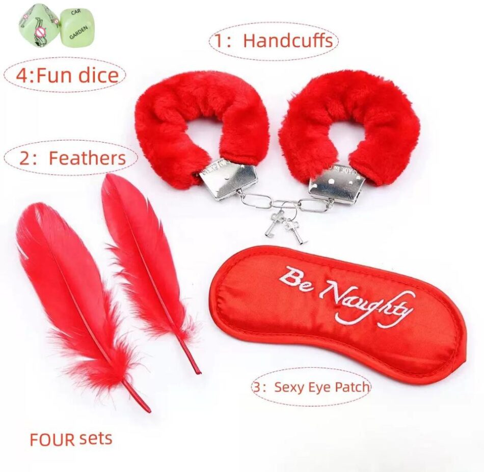 set bondage 4 pzas ; esposas, dados, antifaz y latigo