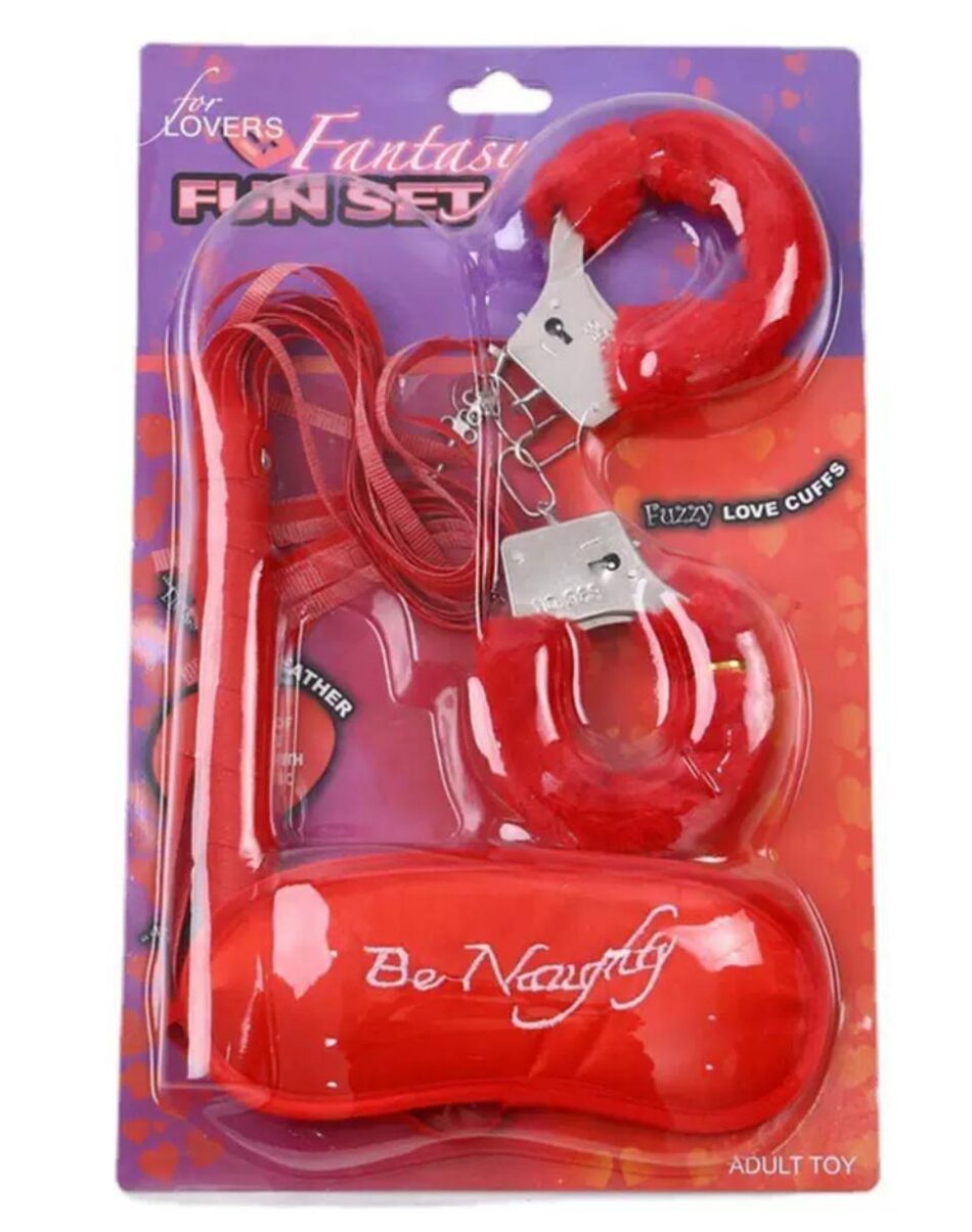 set bondage 4 pzas ; esposas, dados, antifaz y latigo