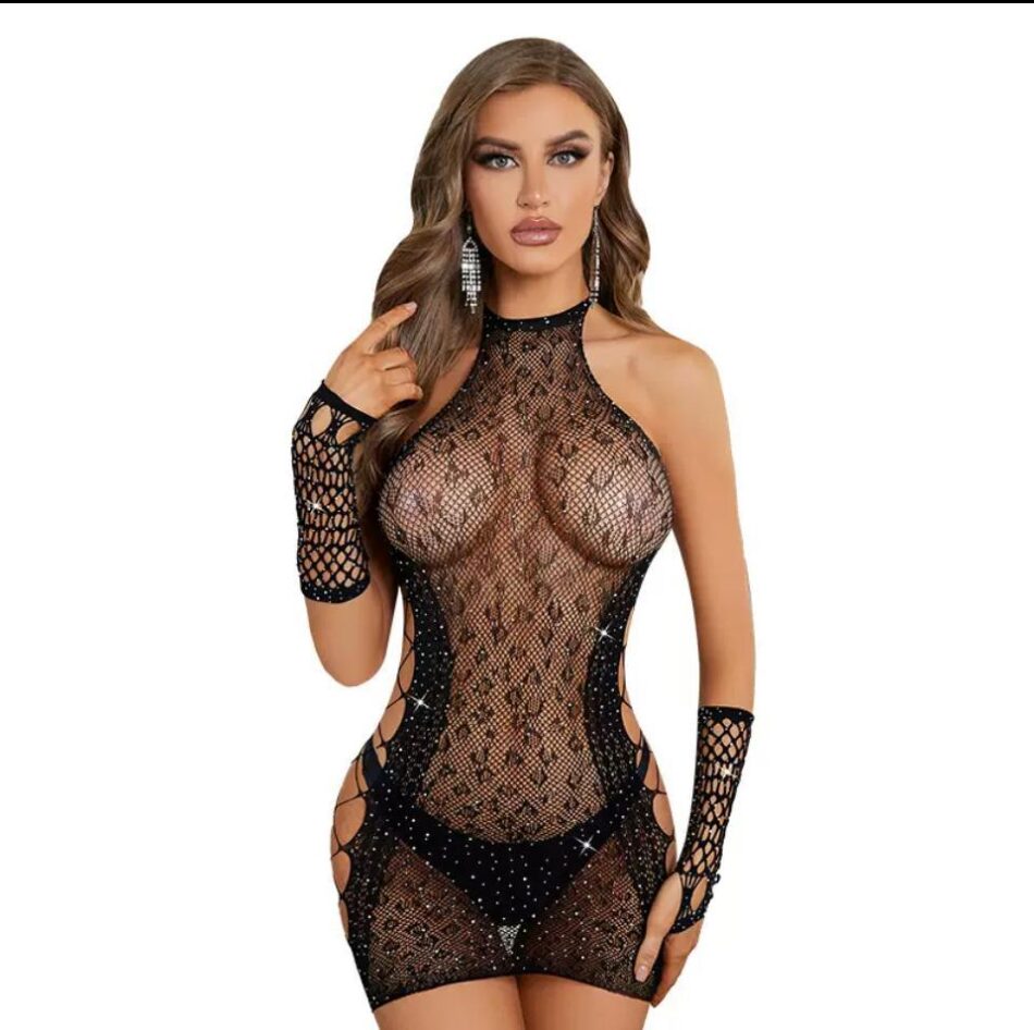 vestido bodystocking de malla con pedrería – elegancia y seducción total